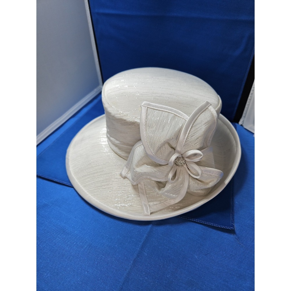 Vintage Church Derby Hat Wide Brim Big Bow Rhinestones Metallic 1980s Y2K